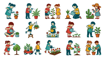 Naklejka premium Cheerful Cartoon Gardening: Kids and Adults Watering Plants, Growing Flowers and Vegetables Vector Set