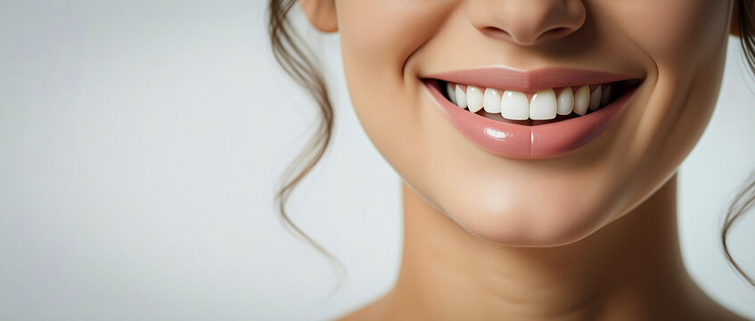 Close up of perfect white smile of beautiful young woman with straight teeth on light gray background with copy space. Smiling female model with perfect white teeth.