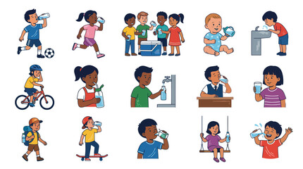 Fototapeta premium Children drinking water to stay hydrated, diverse kids illustration in flat style