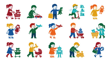 Fototapeta premium Happy Children Playing with Toys, Flat Design Vector Icons, Childhood Fun