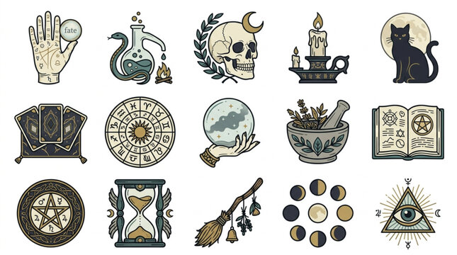 Mystical Occult Symbols and Witchcraft Icons Collection.