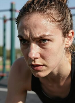 Captures Close Of Individual To In Midst Physical Exertion Exercise Outdoors Person Fair Skin With Hair Pulled Back From Face Revealing Beads Sweat