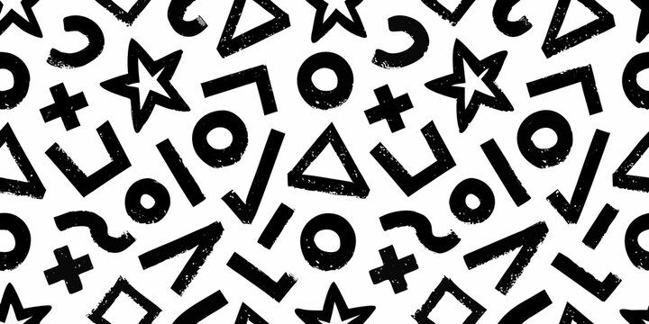 bold black and white abstract seamless pattern featuring numbers and symbols stars triangles circles plus minus lines