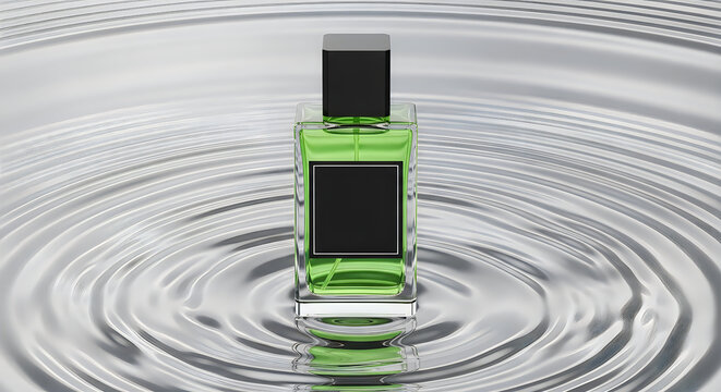 Elegant rectangular glass perfume bottle featuring vibrant green liquid and a bold black square cap