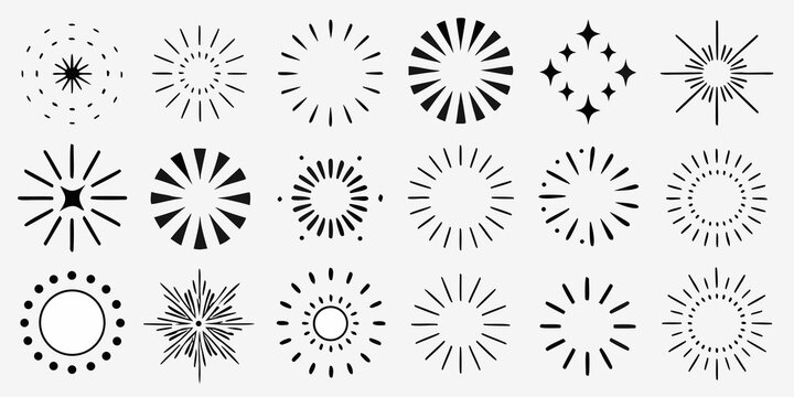 collection of dynamic sunburst patterns on white background explosion pattern burst radiant rays starburst sparkle dots vector
