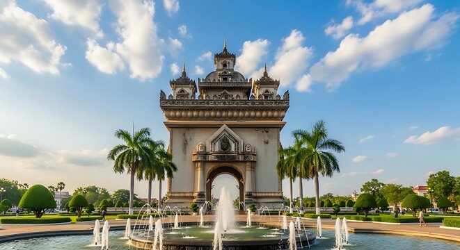 Iconic Triumphal Arch with Fountain and Palm Trees in Park.