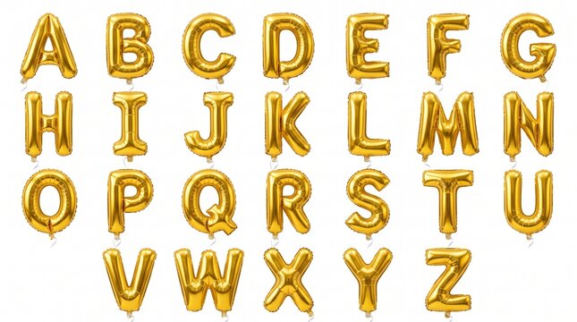 Golden foil alphabet letters a to z complete set isolated on white background