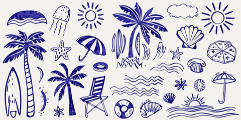 hand drawn blue summer beach doodles on white background palm tree umbrella shell jellyfish sun waves starfish © PabanBiswas