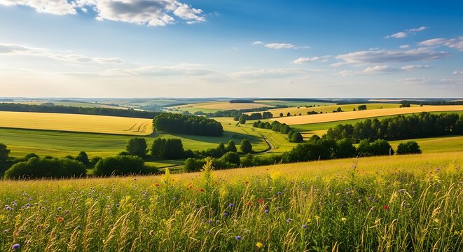 Idyllic Countryside Landscape with Rolling Fields and Blue Sky.