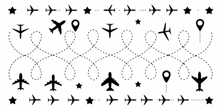 aviation route pattern with black planes stars and location icons on white background aircrafts travel transport navigation