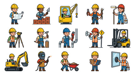 Fototapeta premium Collection of Construction Industry Workers, Tools, and Heavy Equipment Flat Cartoon Vector Illustrations