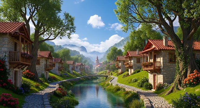 Idyllic European village with stone houses and a peaceful river flowing through the center.