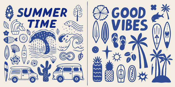 summer surf and beach illustration set in blue line art waves palm trees surfboards camper van fish