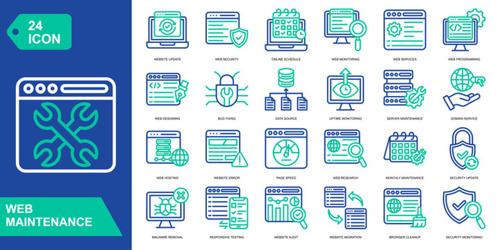 Web Maitenance icon collection set. Website Update,Web Security,Online Schedule,Web Monitoring. Line Color Vector Icons