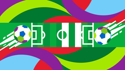 Fototapeta premium Vibrant illustration of soccer balls and stadiums in motion on a green field background