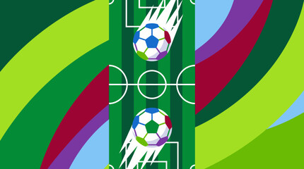 Vibrant illustration of a soccer field with balls in motion, showcasing Sports action. © Fendi