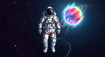 Astronaut floating in space near a colorful planet with rings. © Ridwan