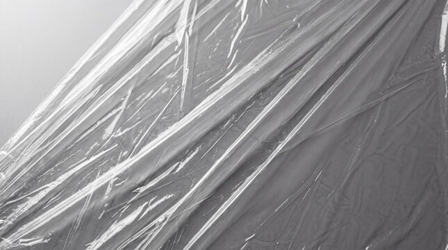 Close up texture of clear transparent plastic wrap film sheet with crinkled folds wrinkles and shiny light reflections creating abstract pattern suitable for packaging protection