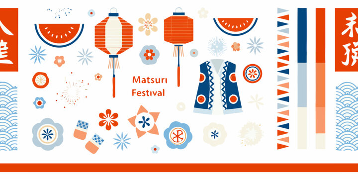 japanese summer festival elements in colorful flat vector style lanterns flowers kimono watermelon fireworks illustration pattern design