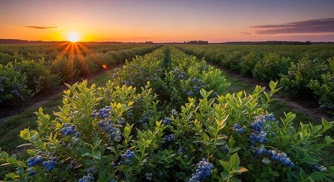 Idyllic Sunrise Over Blooming Blueberry Field with Lush Greenery.