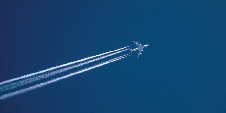 A passenger airplane flying through a clear blue sky leaving condensation trails. Travel and aviation.