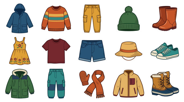 Colorful Cartoon Vector Illustration of Children's Clothing, Apparel, Footwear, and Fashion Accessories Collection