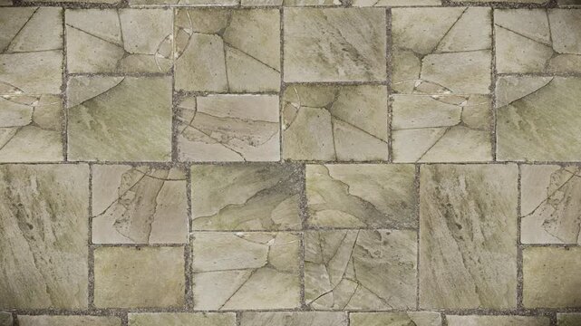 Abstract pattern background, weathered cracked beige and muted green stone rectangular tiles, rough texture, dark grout, seamless loop