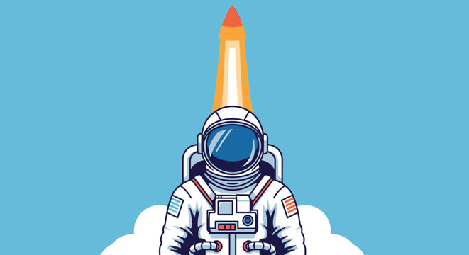 Astronaut launching into space with rocket exhaust.