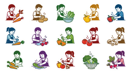 Obraz premium Children Preparing Fresh Vegetables, Healthy Food, Flat Illustration