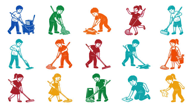 Kids Mopping and Cleaning Children with Mops and Buckets Vector Art