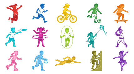 Fototapeta premium Colorful Flat Vector Art Collection of Children Playing Sports and Recreational Activities. Active Kids Illustrations