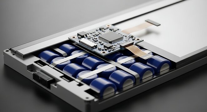 Internal view of a modern lithium ion battery pack with circuit board.