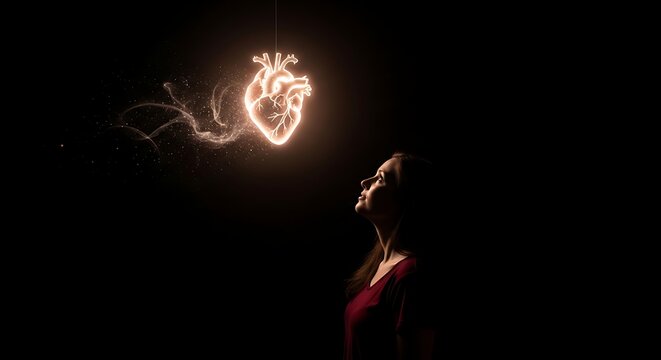 Illuminated Heart Symbol in Dark Artistic Scene with Woman.