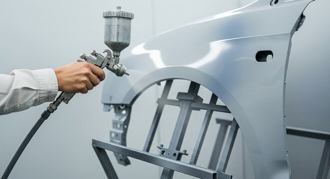 Close-up of a car fender being spray-painted in a professional auto body shop with a handheld spray