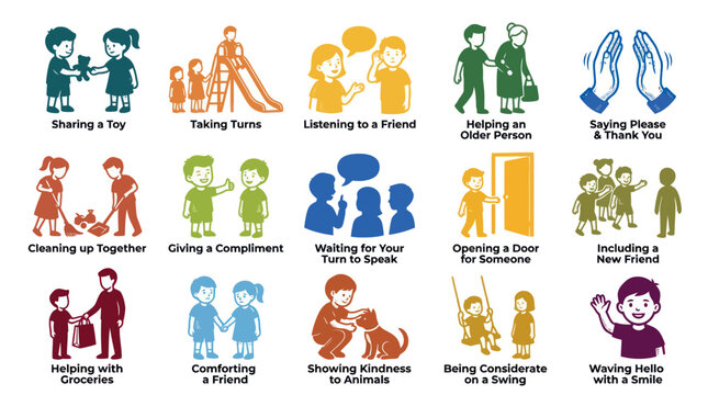 Social Skills and Good Manners Flat Vector Icons for Children's Character Education