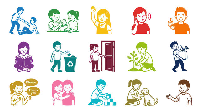Colorful Outline Vector Illustration Set of Children Showing Good Manners and Positive Social Behaviors