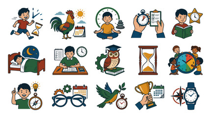 Fototapeta premium Illustration of Time Management, Productivity, and Education Icons with Flat Design Style