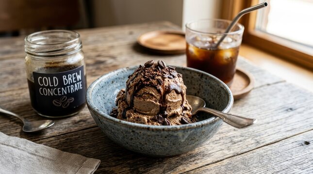 Delicious cold brew coffee ice cream sundae with chocolate syrup and toppings.