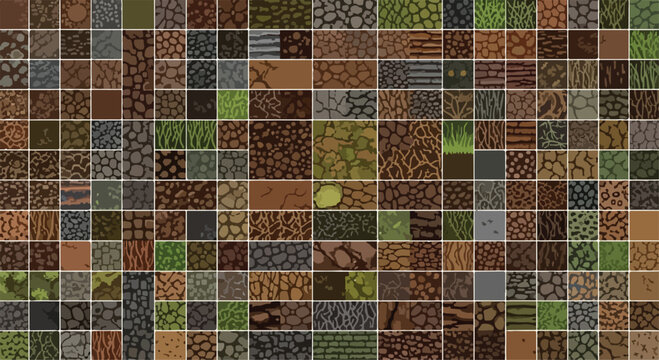 Pixel art game textures collection, seamless 8-bit ground patterns for video games, retro mosaic tiles of grass dirt stone and sand