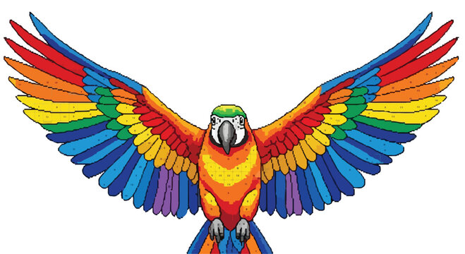 Colorful macaw parrot vector illustration, tropical bird with spread wings, vibrant rainbow feathered exotic animal mascot for travel and nature branding