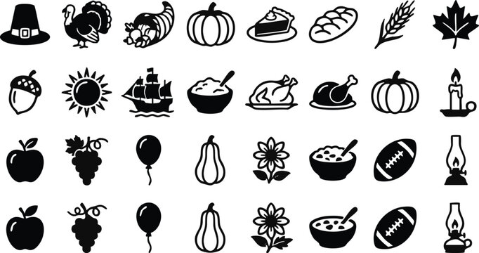 Thanksgiving and autumn holiday icon set black and white vector graphics