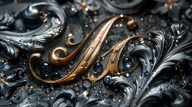 Elegant metallic letter a with swirling baroque ornamental patterns and sparkling water droplets.