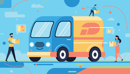 Fototapeta premium Fast delivery service concept with tiny couriers loading cardboard boxes into a bright blue and yellow transport truck.