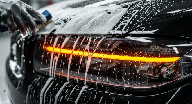 Close-up of a car's headlight being meticulously cleaned with a brush and rich foam, showcasing