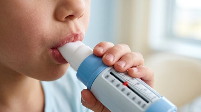 Child Using Peak Flow Meter for Asthma Monitoring Close Up