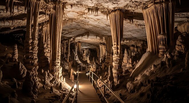 Illuminated walkway through a massive limestone cavern with stalactites and stalagmites.