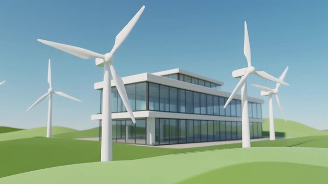 Modern office building with wind turbines.