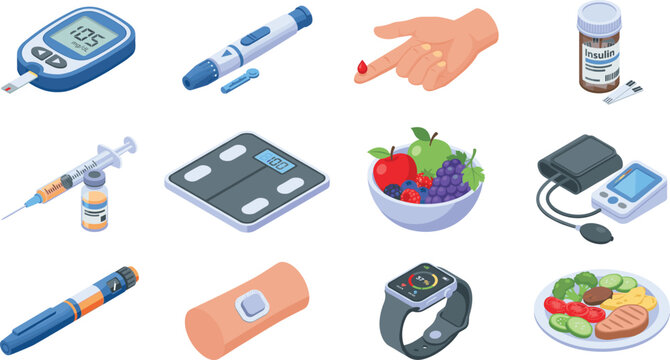 Diabetes care and glucose tracking icon set with linear insulin pen blood pressure monitor and glucometer symbols vector
