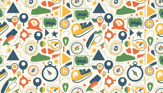 Colorful seamless pattern featuring outdoor running and jogging items like running shoes, compass, and stopwatch.