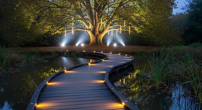 Illuminated wooden boardwalk leading to a majestic glowing tree at night.